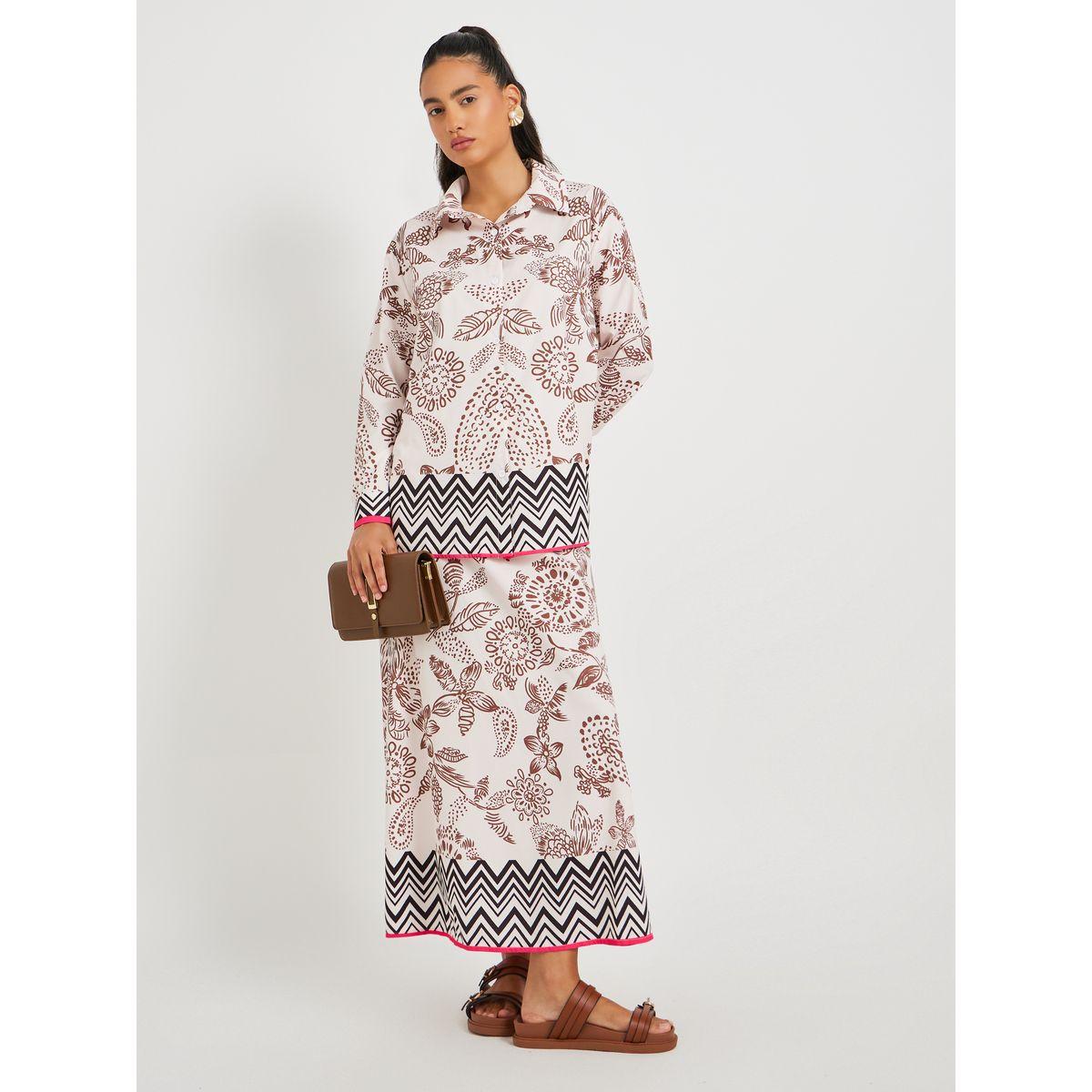 Styli Print Long Sleeve Top and A-Line Skirt Co-Ords-women-clothing-coordsets-image-2