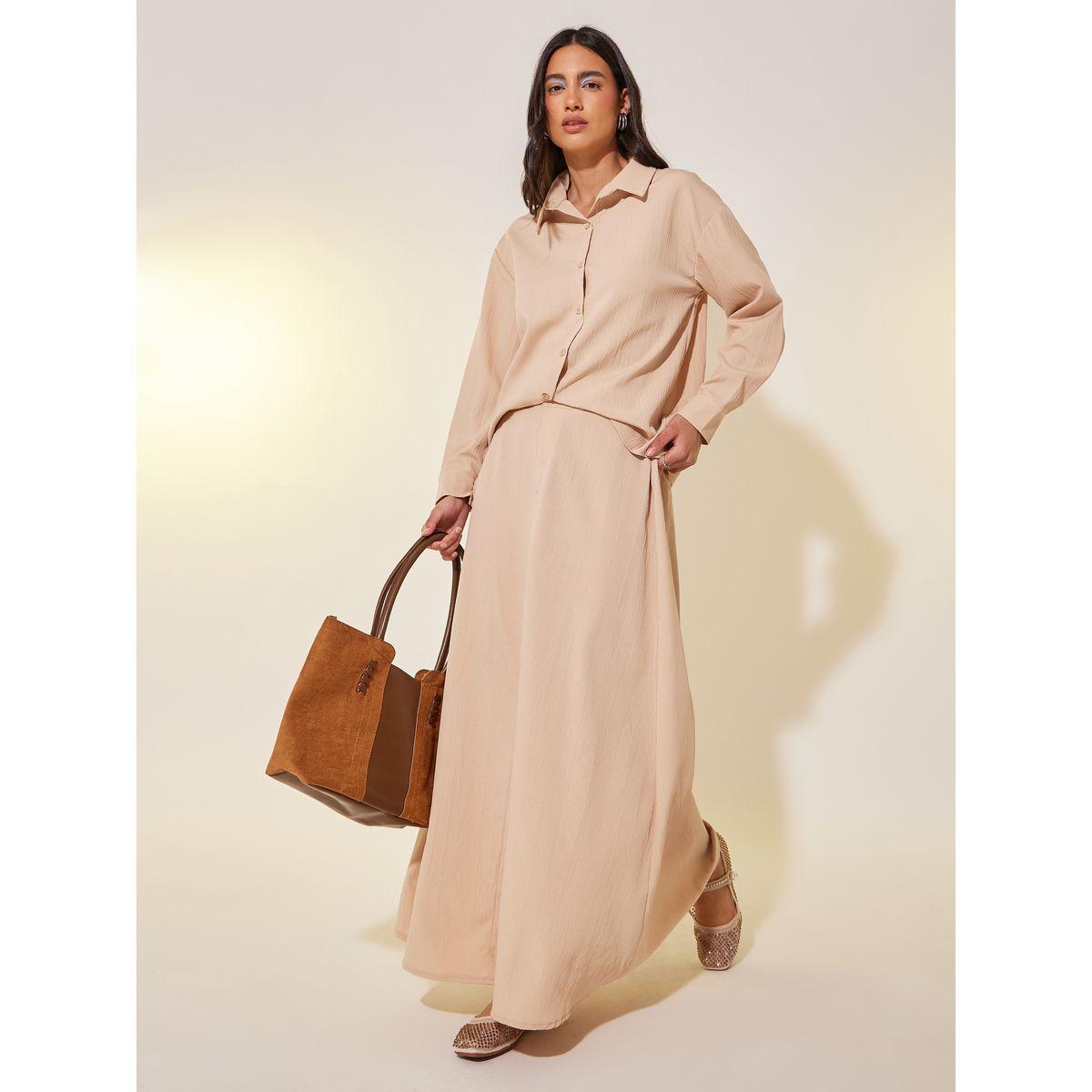 Styli Solid Spread Collar Shirt and Skirt Co-Ords-women-clothing-coordsets-image-1