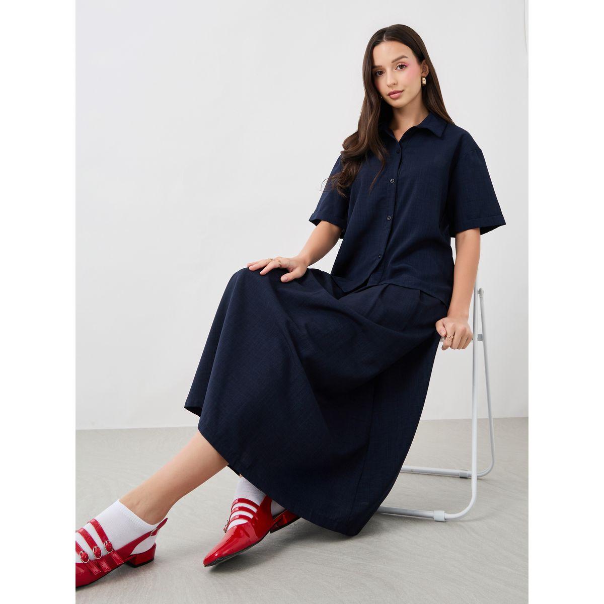 طقم منسق من تنورة وبلوزة سادة بياقة سبريد-women-clothing-coordsets-image-1