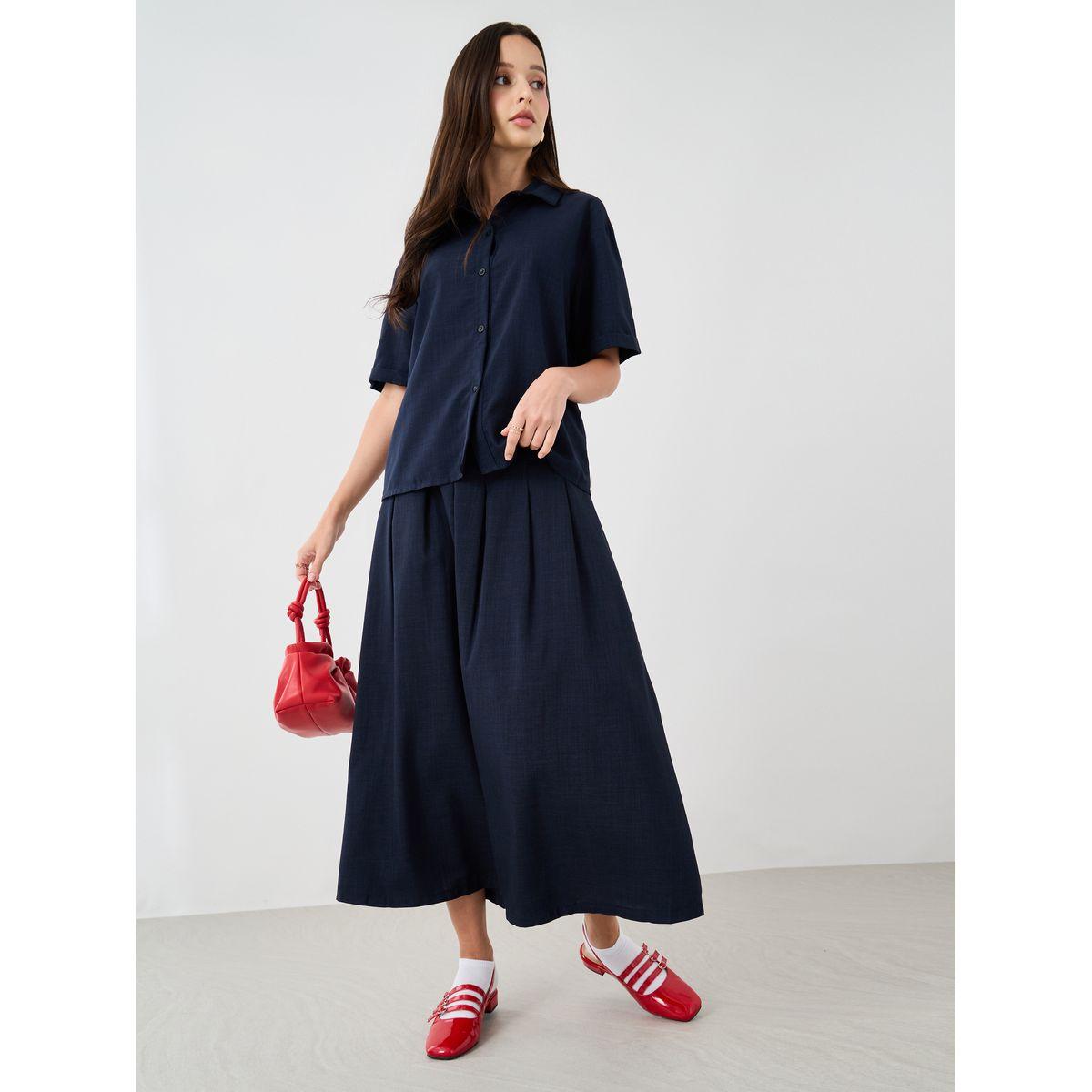 Styli Solid Spread Collar Shirt and Skirt Co-Ords-women-clothing-coordsets-image-2