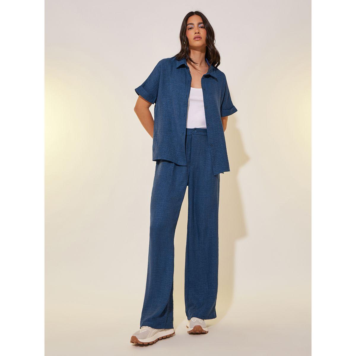 Styli Solid Short Sleeve Shirt and Pants Co-Ords-women-clothing-coordsets-image-1