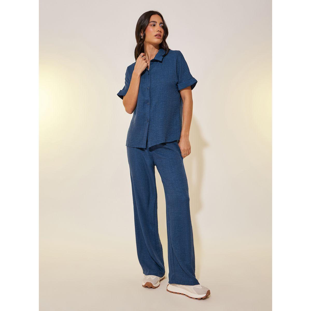 طقم منسق من بنطال وبلوزة سادة بأكمام قصيرة-women-clothing-coordsets-image-2