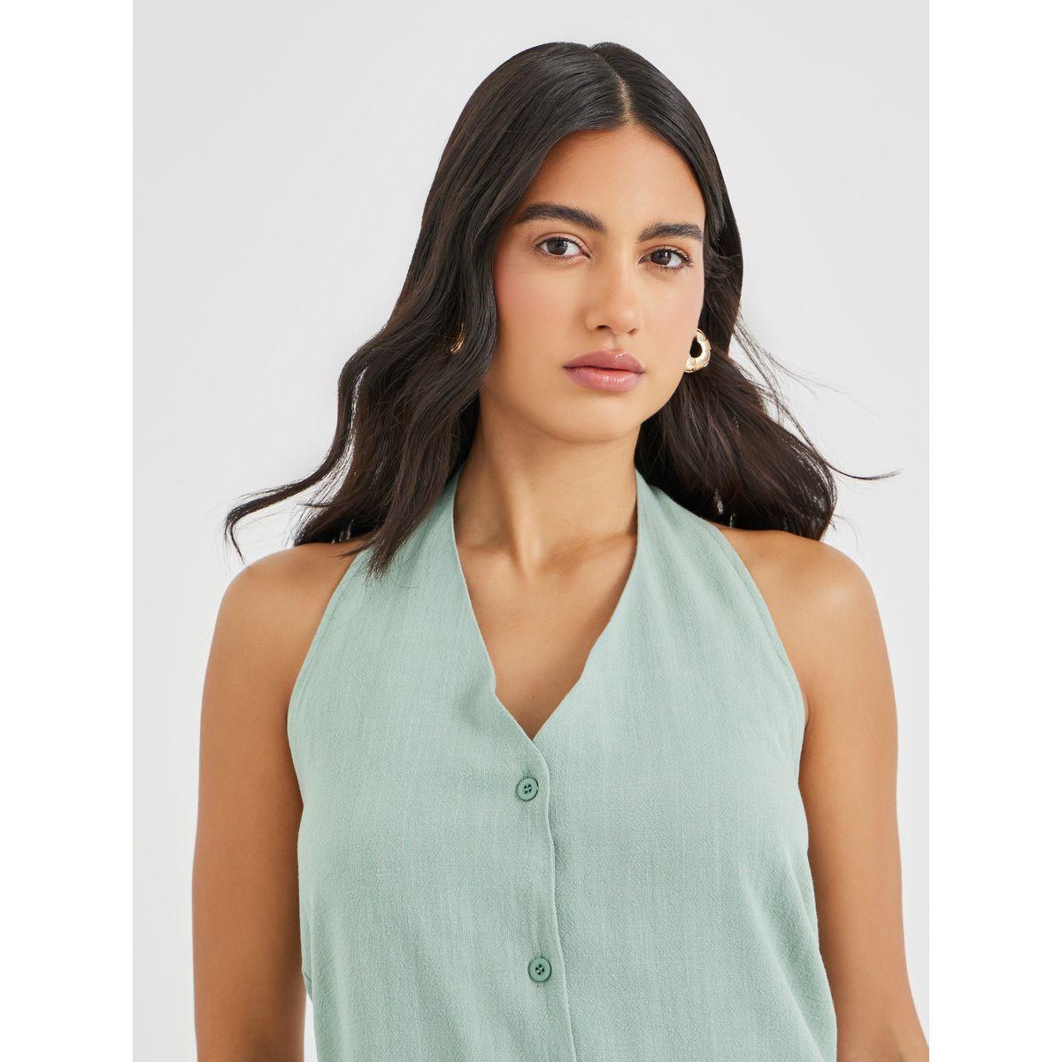 جيليه سادة بياقة هولتر وأزرار غلق-women-clothing-coatsandjackets-waistcoats-image-3
