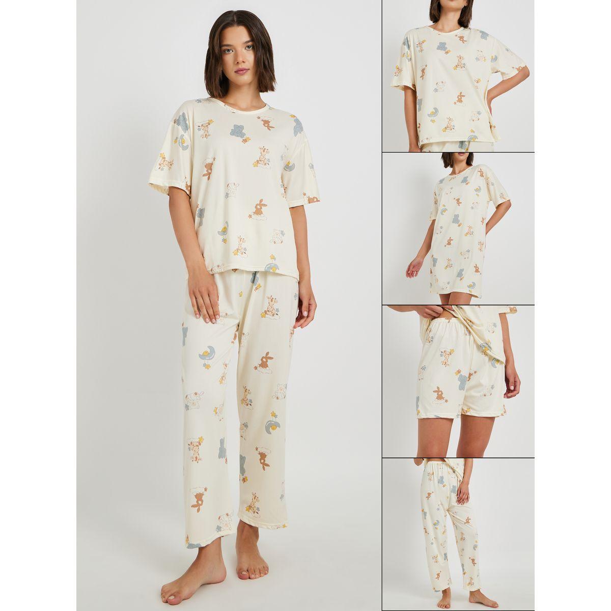Styli Set of 4 - Printed T-Shirt and Shorts with Nightdress and Pants-women-clothing-nightwear-pyjamas-longsets-image-1