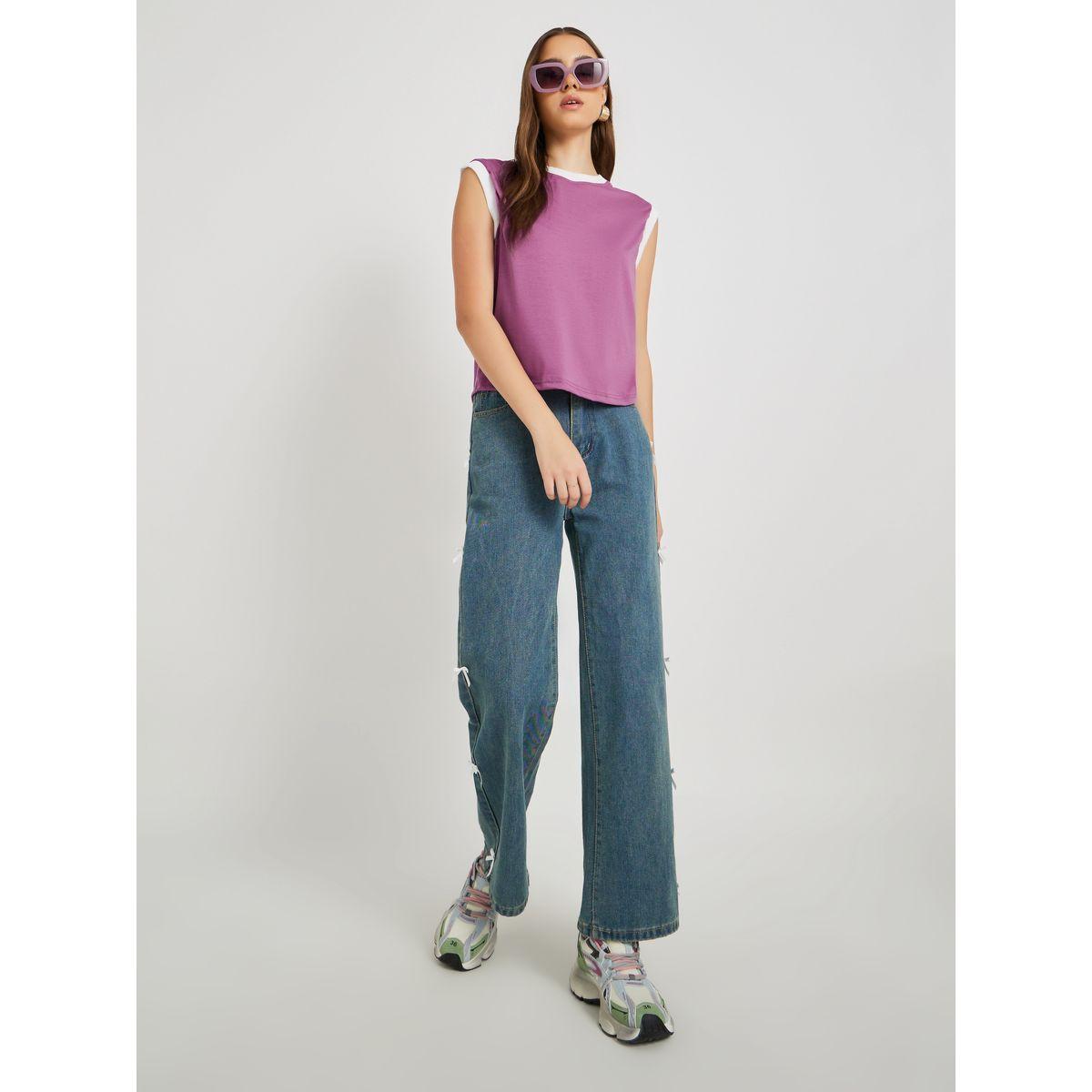 Styli Solid Sleeveless Rib Contrast Trim T-Shirt-women-clothing-tshirts-image-2
