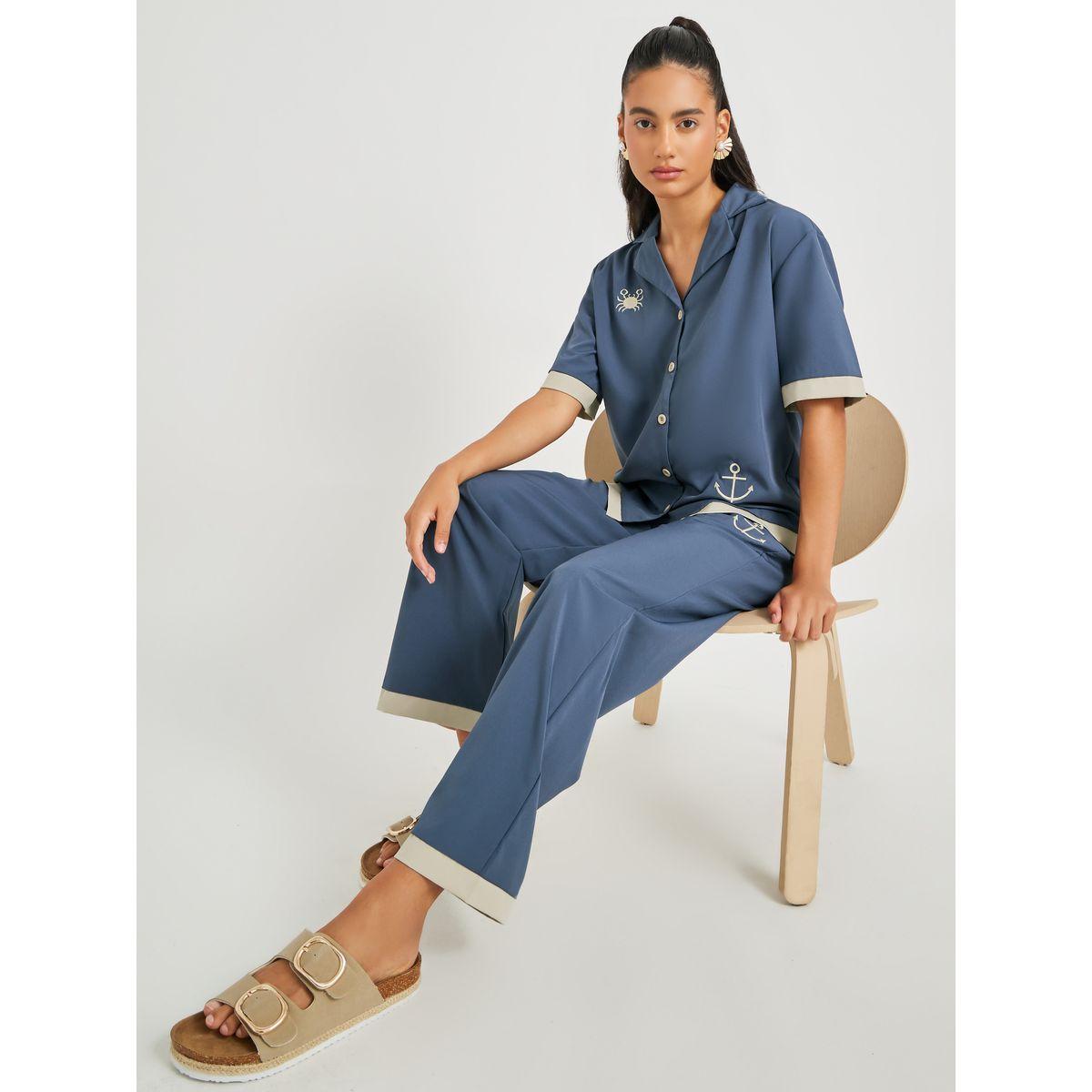 Styli Embroidery Detail Short Sleeve Shirt and Pants Set-women-clothing-coordsets-image-1