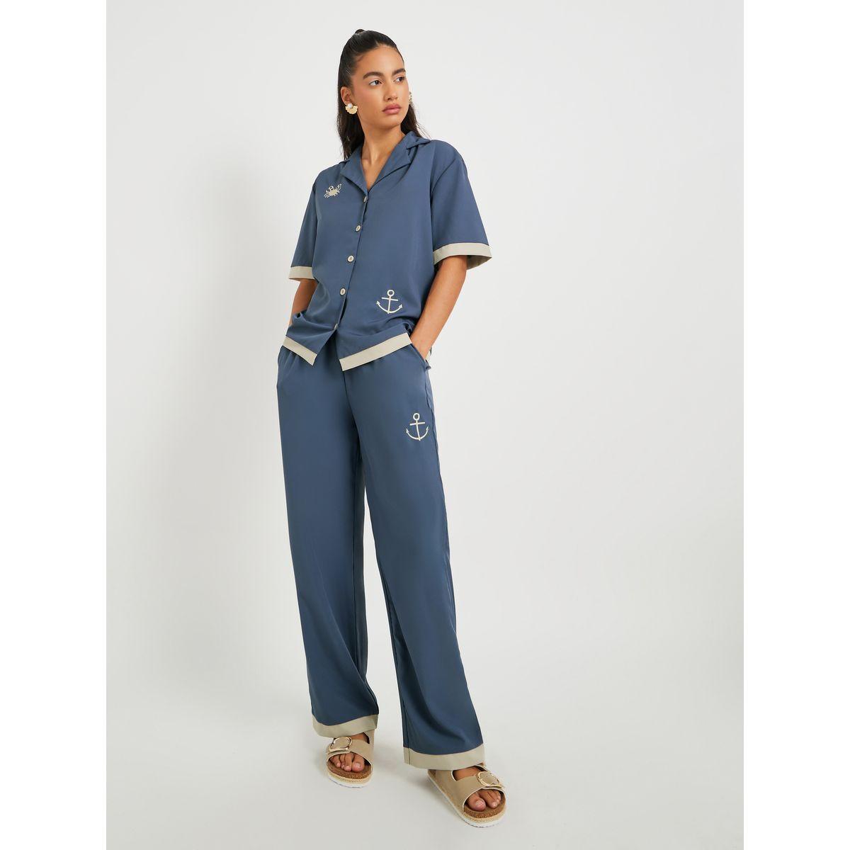 Styli Embroidery Detail Short Sleeve Shirt and Pants Set-women-clothing-coordsets-image-2