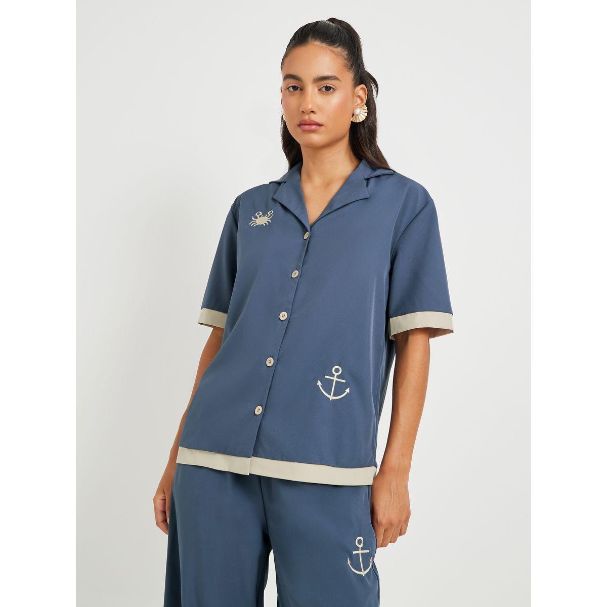 Styli Embroidery Detail Short Sleeve Shirt and Pants Set-women-clothing-coordsets-image-3