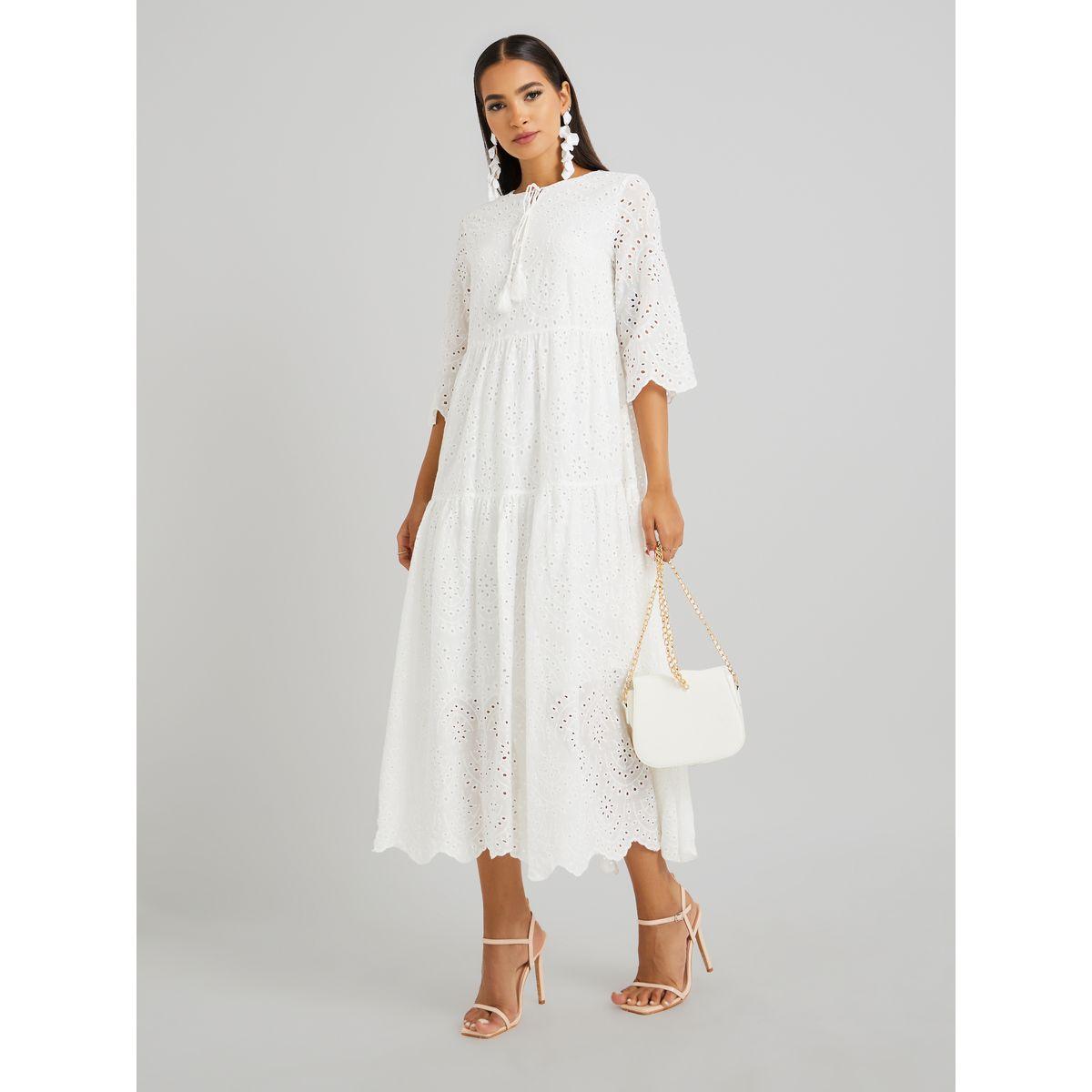 Keenly Schiffli Embroidered Tie-Up Neck A-Line Midi Dress-women-clothing-dresses-image-1