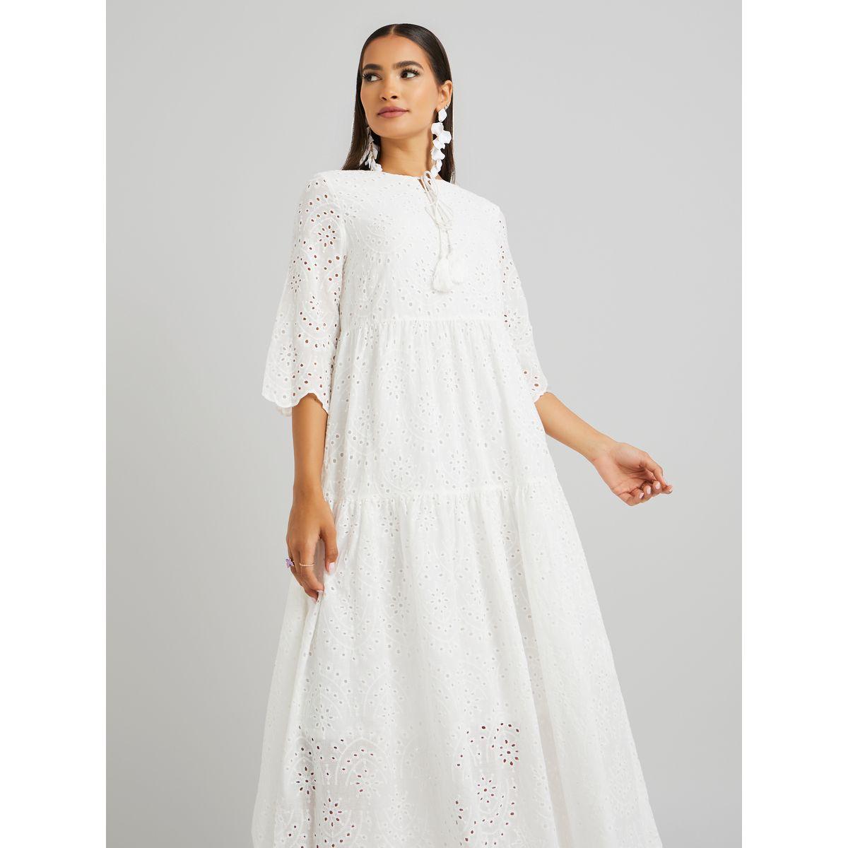 Keenly Schiffli Embroidered Tie-Up Neck A-Line Midi Dress-women-clothing-dresses-image-2