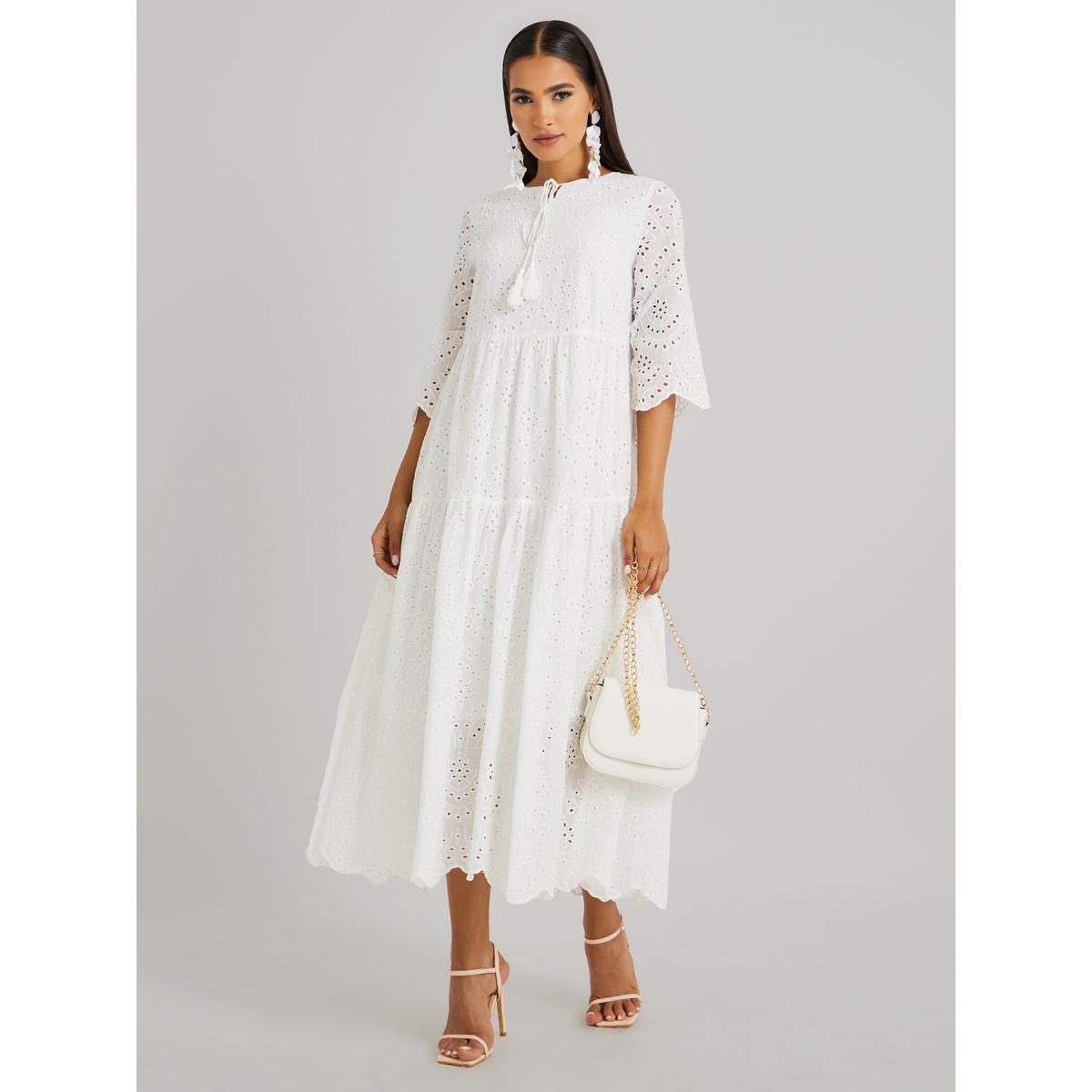 Keenly Schiffli Embroidered Tie-Up Neck A-Line Midi Dress-women-clothing-dresses-image-5
