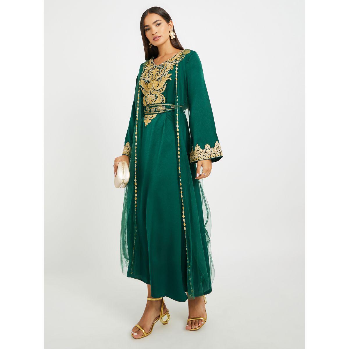 Keenly Embroidered Lace Detail V-Neck Belted Jalabiya-women-arabicclothing-jalabiyas-image-1