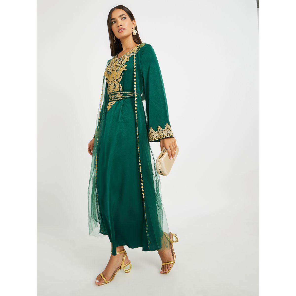 Keenly Embroidered Lace Detail V-Neck Belted Jalabiya-women-arabicclothing-jalabiyas-image-2