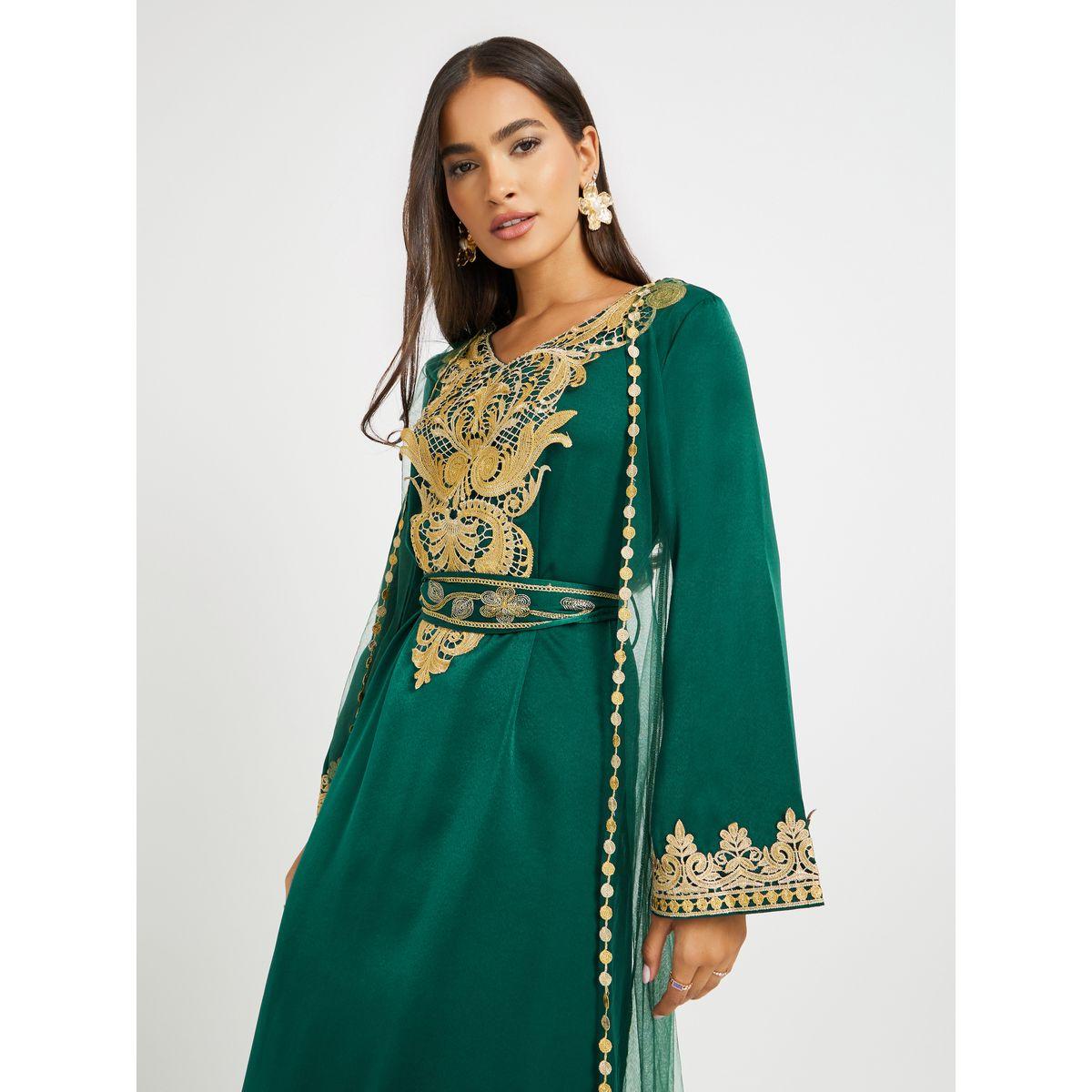 Keenly Embroidered Lace Detail V-Neck Belted Jalabiya-women-arabicclothing-jalabiyas-image-3