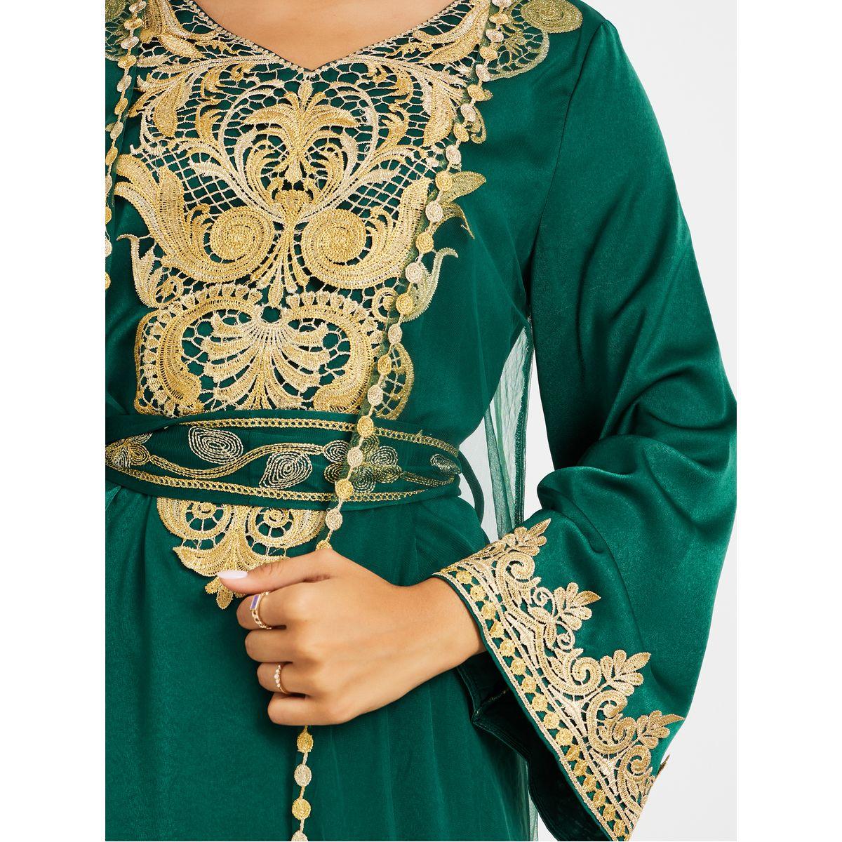 Keenly Embroidered Lace Detail V-Neck Belted Jalabiya-women-arabicclothing-jalabiyas-image-4