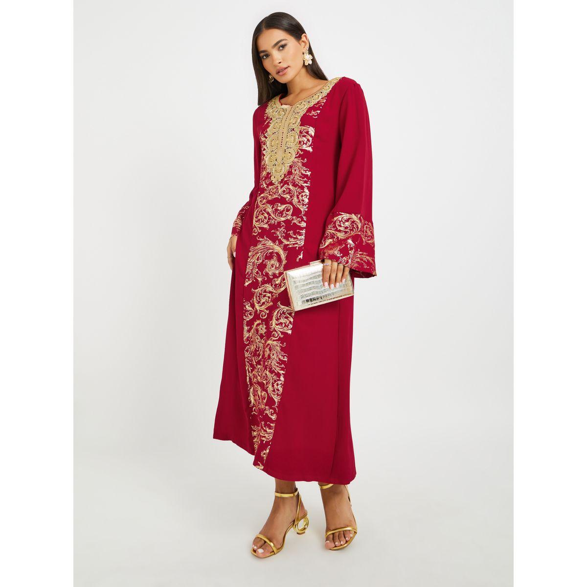 Keenly Embroidered Lace Detail Foil Print A-Line Jalabyia-women-arabicclothing-jalabiyas-image-1