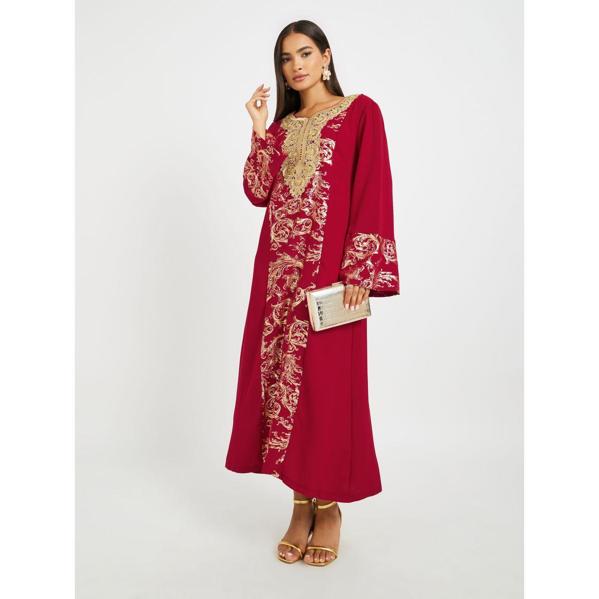 Keenly Embroidered Lace Detail Foil Print A-Line Jalabyia-women-arabicclothing-jalabiyas-image-2