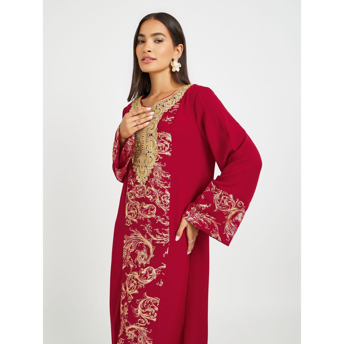 Keenly Embroidered Lace Detail Foil Print A-Line Jalabyia-women-arabicclothing-jalabiyas-image-3