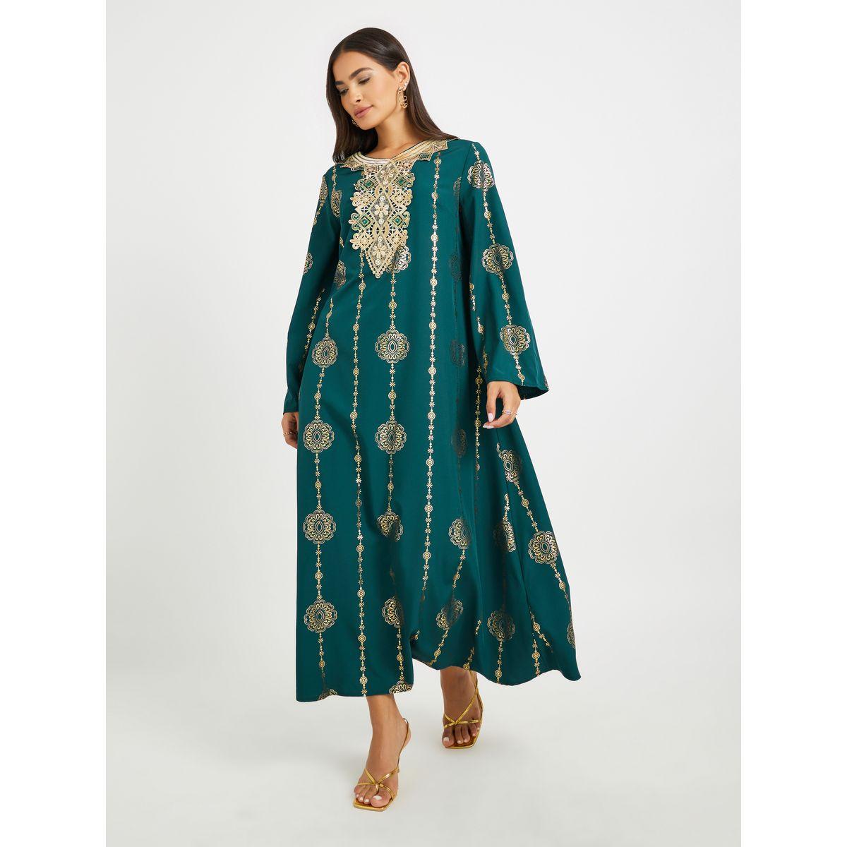 جلابية بحافة واسعة وتفاصيل دانتيل مع أكمام طويلة-women-arabicclothing-jalabiyas-image-1