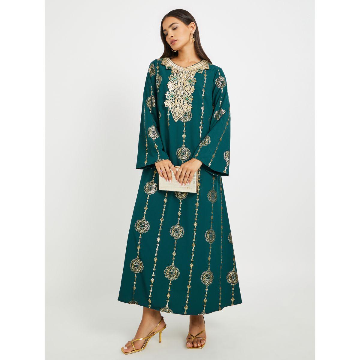 جلابية بحافة واسعة وتفاصيل دانتيل مع أكمام طويلة-women-arabicclothing-jalabiyas-image-2