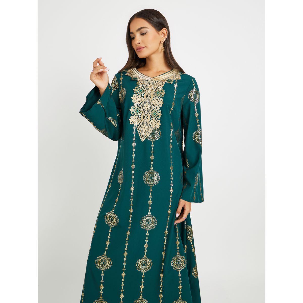جلابية بحافة واسعة وتفاصيل دانتيل مع أكمام طويلة-women-arabicclothing-jalabiyas-image-3