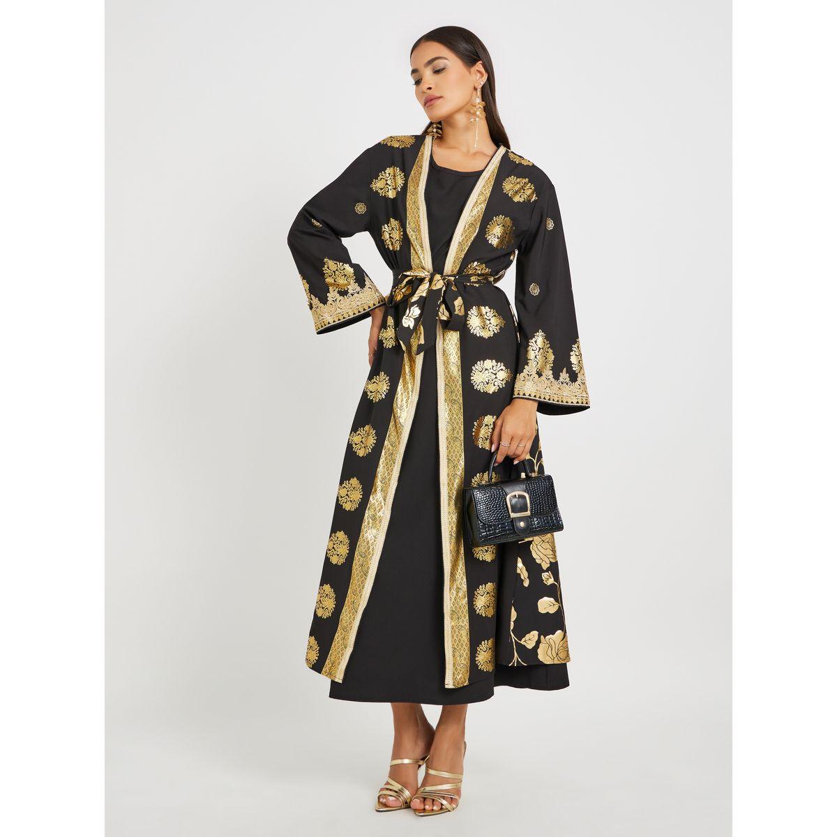 مجموعة من عباية بطبعة فويل مع فستان داخلي-women-arabicclothing-abayas-image-1