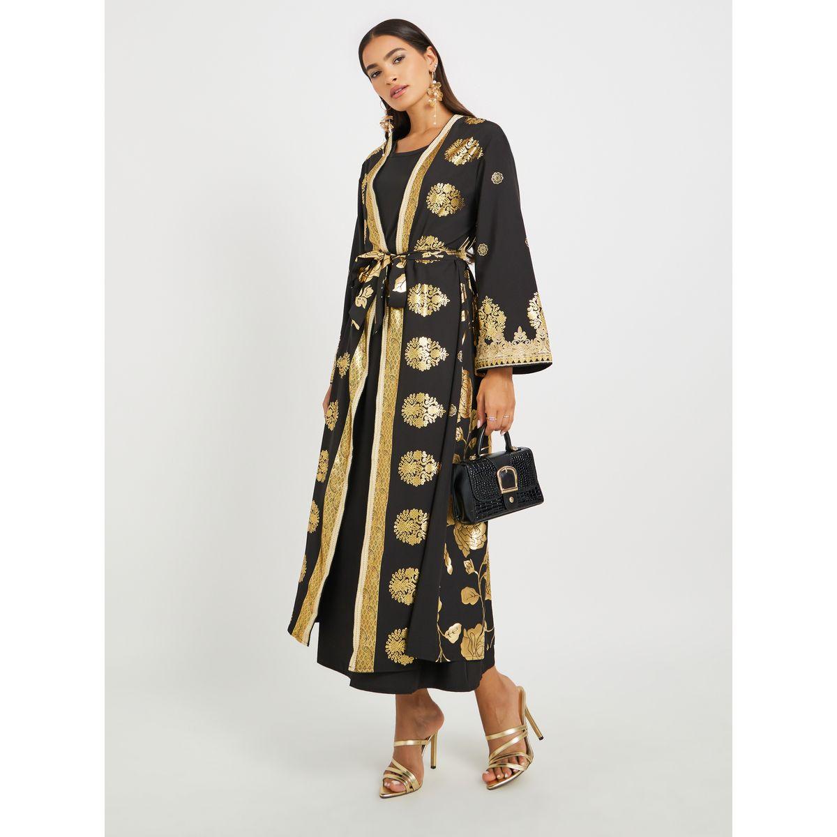 مجموعة من عباية بطبعة فويل مع فستان داخلي-women-arabicclothing-abayas-image-2