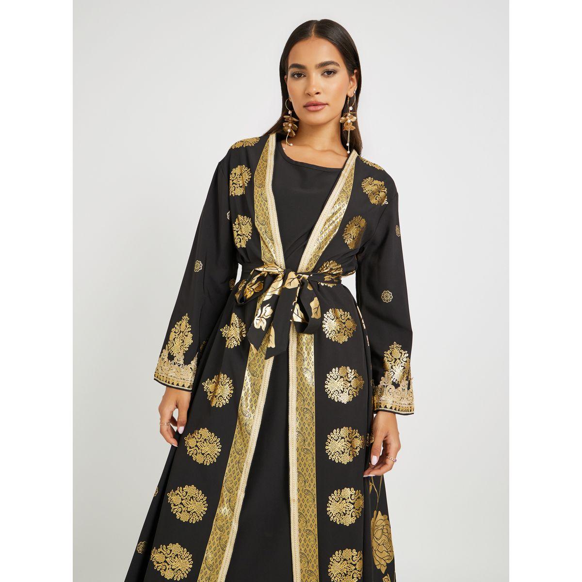 مجموعة من عباية بطبعة فويل مع فستان داخلي-women-arabicclothing-abayas-image-3