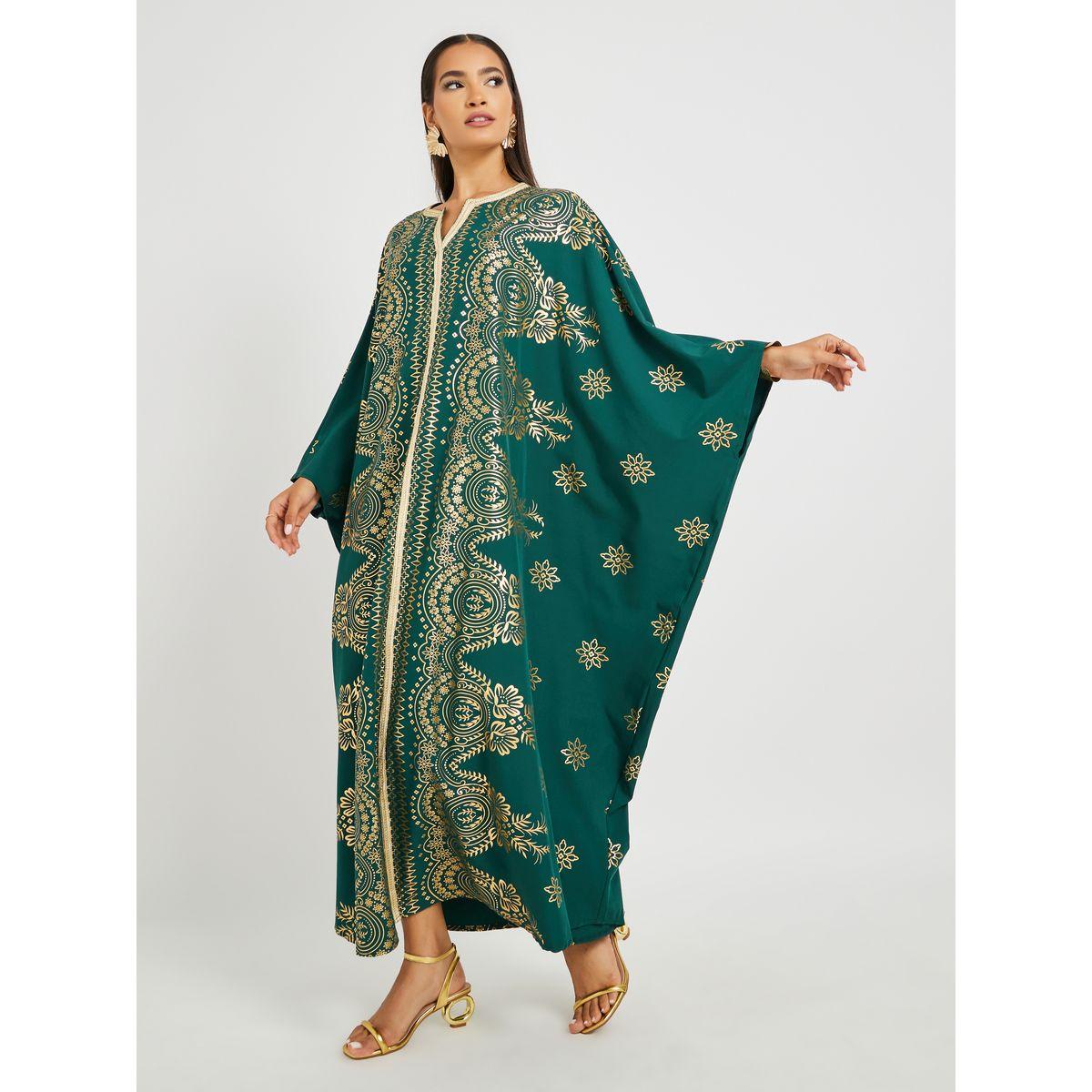قفطان مطبع بأكمام خفاش وياقة بشق-women-arabicclothing-kaftan-image-1