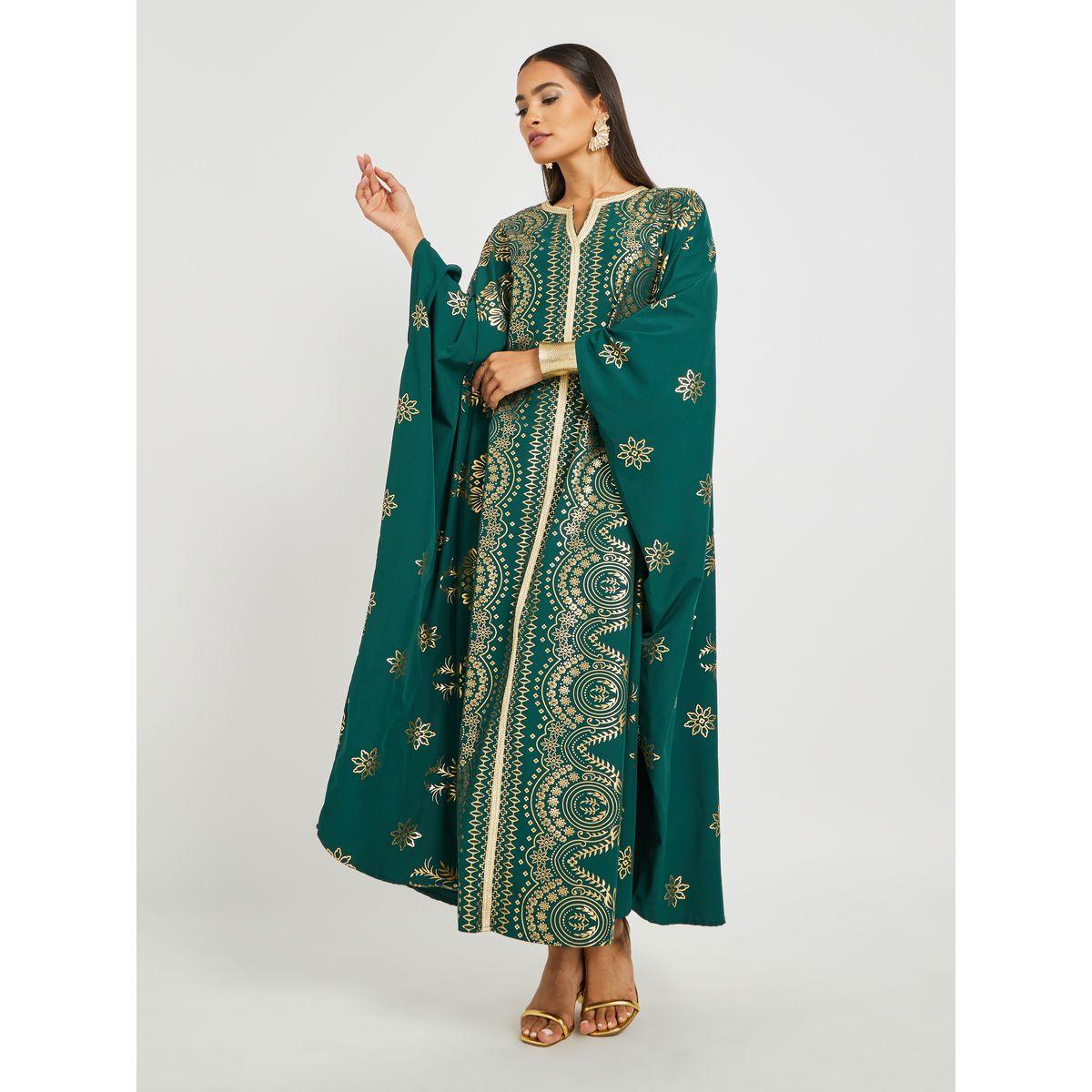 Keenly Printed Batwing Sleeve Notch Neck Kaftan-women-arabicclothing-kaftan-image-2
