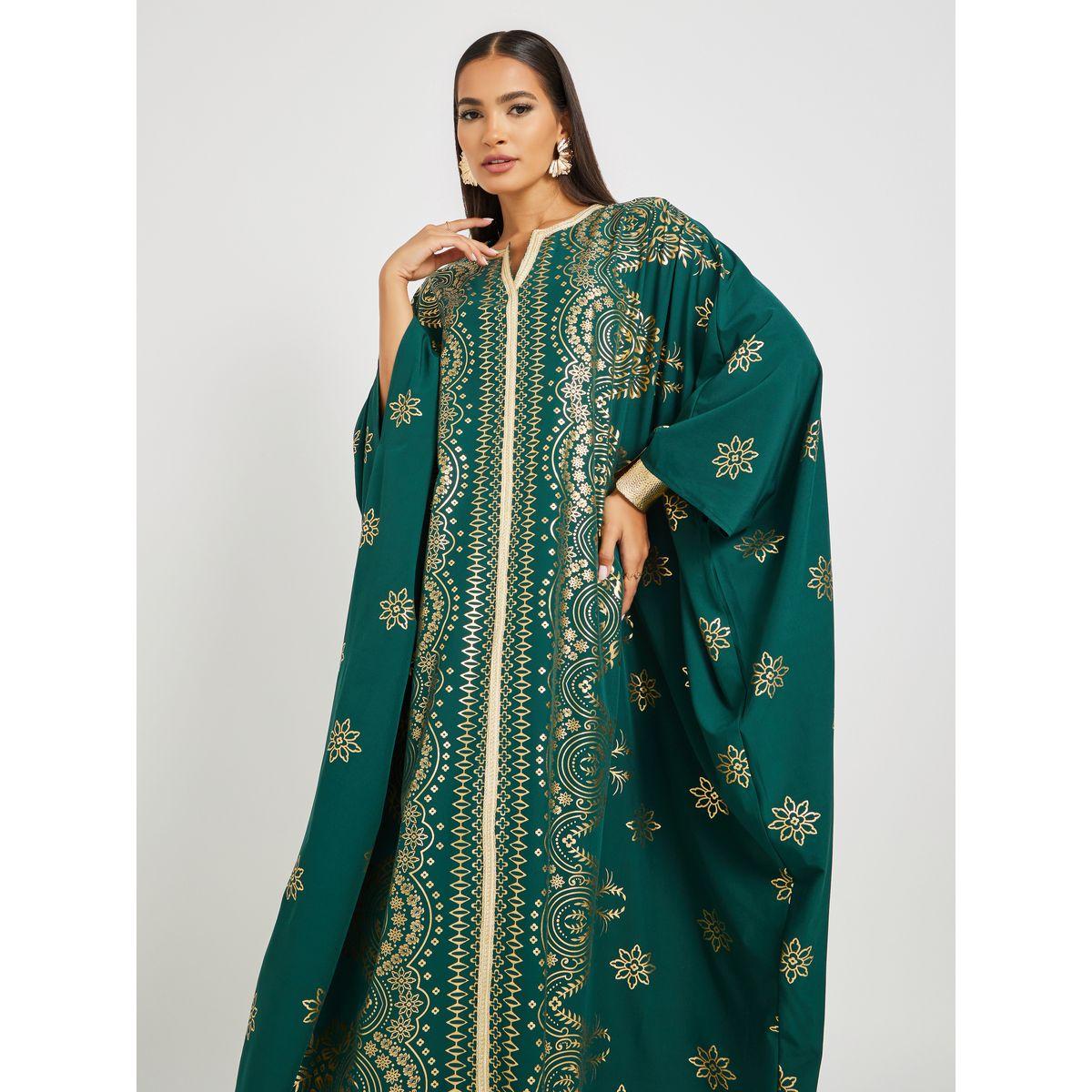 Keenly Printed Batwing Sleeve Notch Neck Kaftan-women-arabicclothing-kaftan-image-3