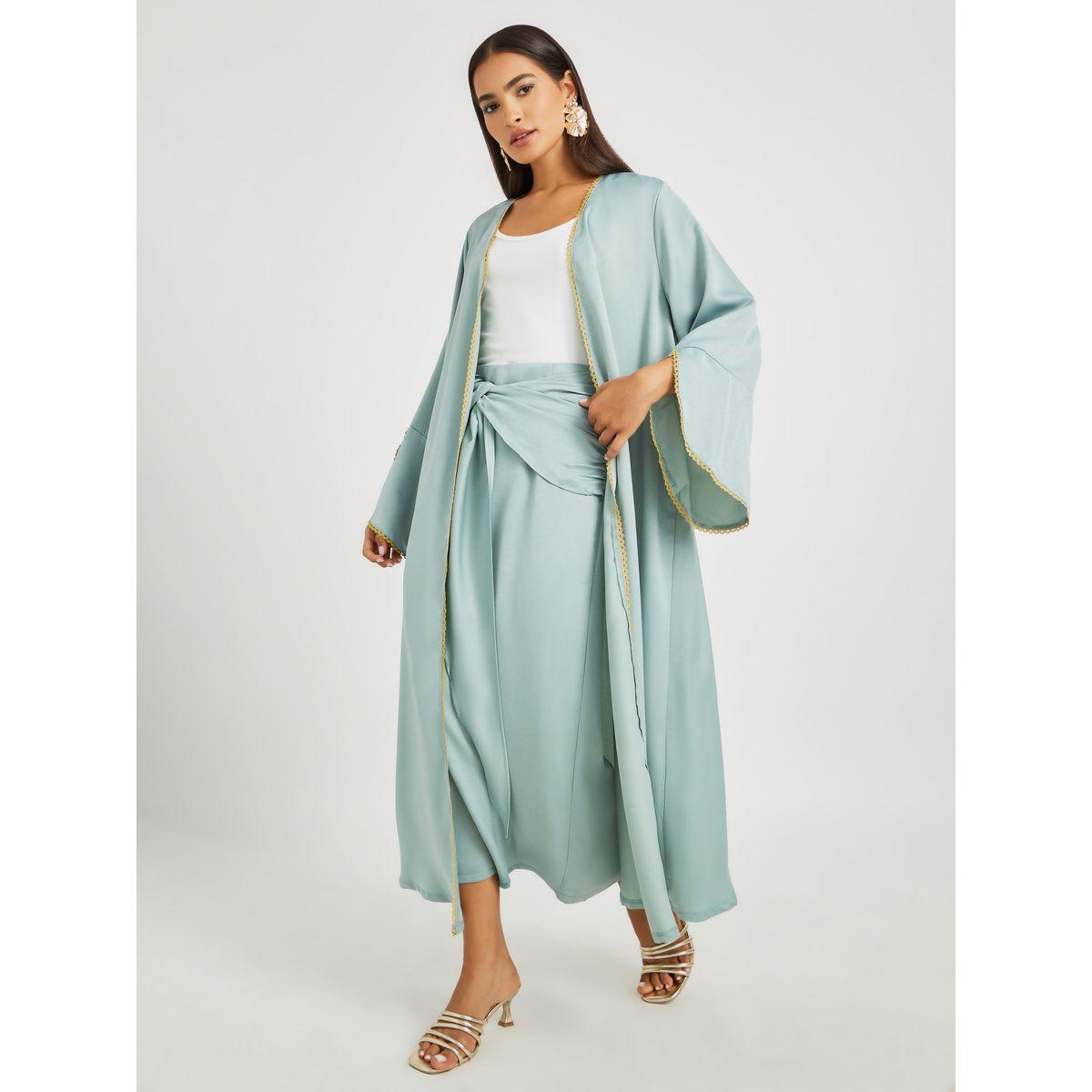 Keenly Solid Bell Sleeve Open Front Abaya and Twisted Waist Skirt Set-women-arabicclothing-abayas-image-1