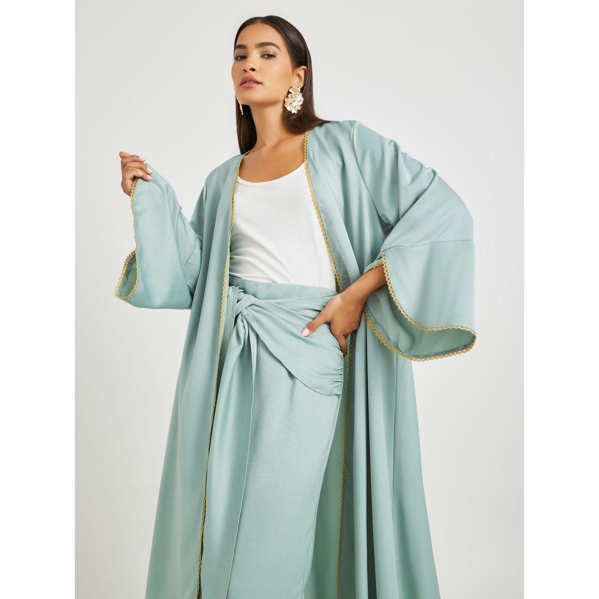 Keenly Solid Bell Sleeve Open Front Abaya and Twisted Waist Skirt Set-women-arabicclothing-abayas-image-3