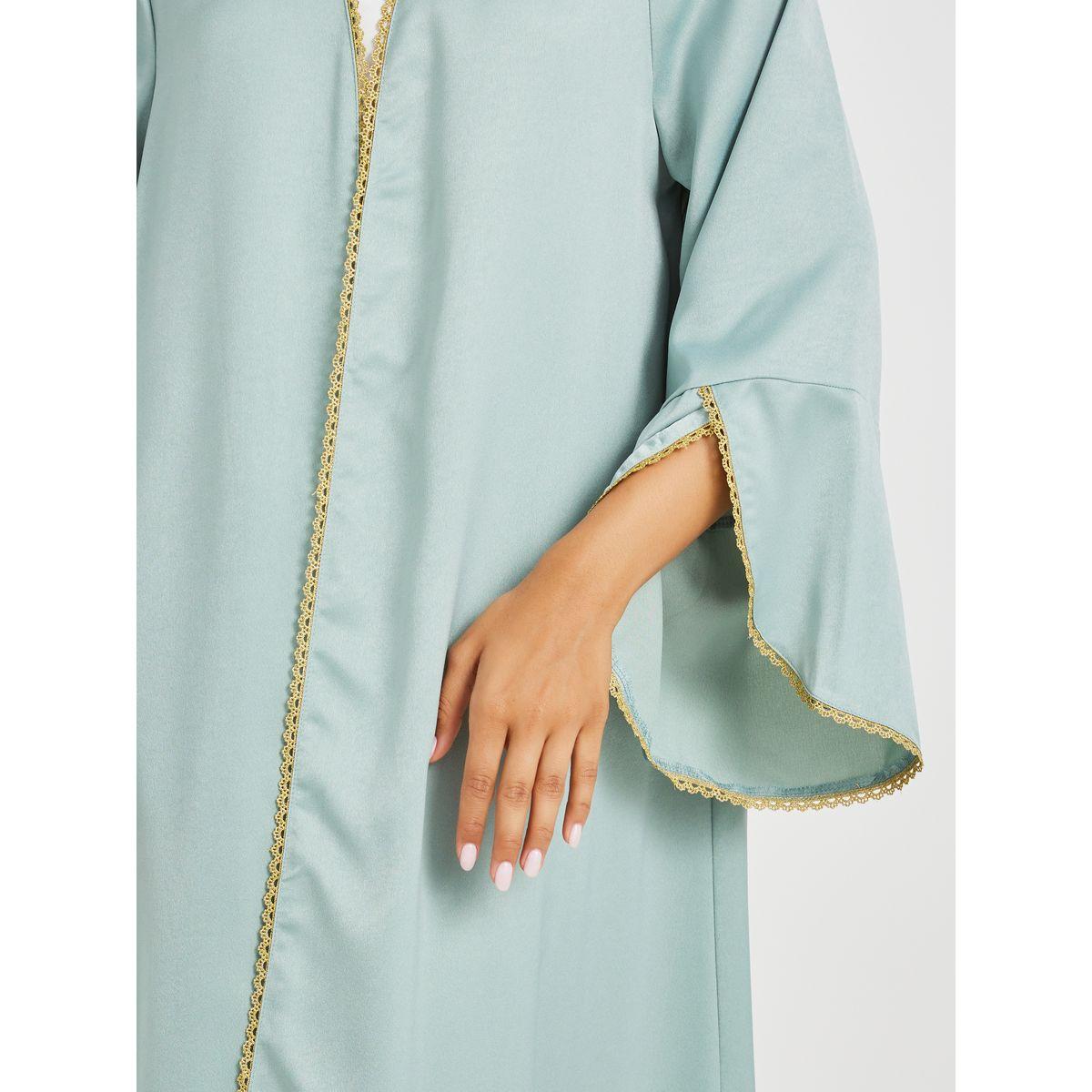 Keenly Solid Bell Sleeve Open Front Abaya and Twisted Waist Skirt Set-women-arabicclothing-abayas-image-4