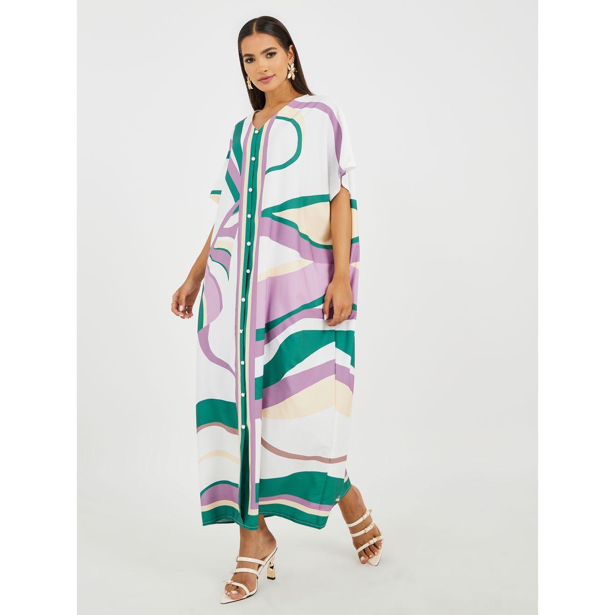 Keenly All-Over Print V-Neck Kaftan Dress-women-arabicclothing-kaftan-image-2