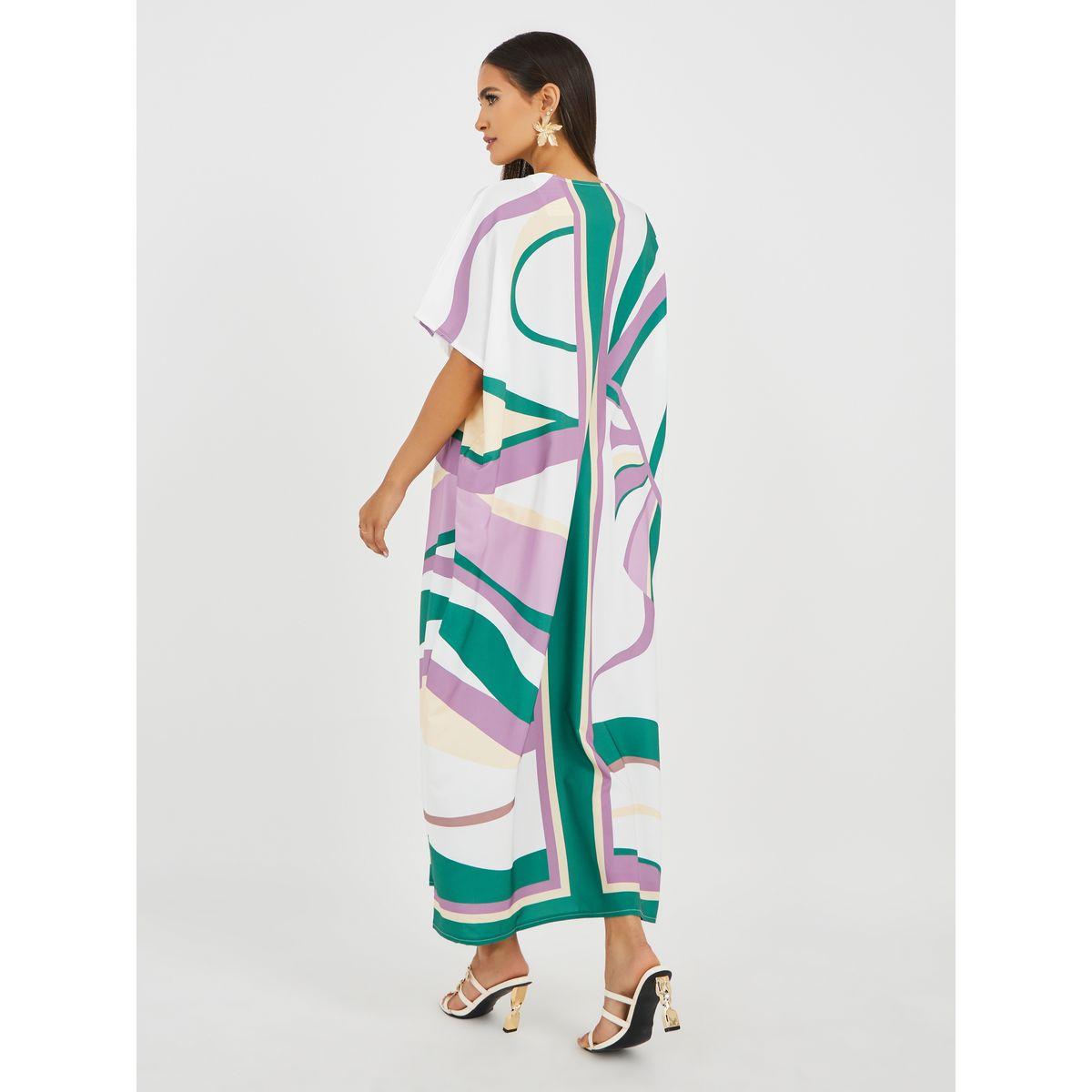 Keenly All-Over Print V-Neck Kaftan Dress-women-arabicclothing-kaftan-image-5
