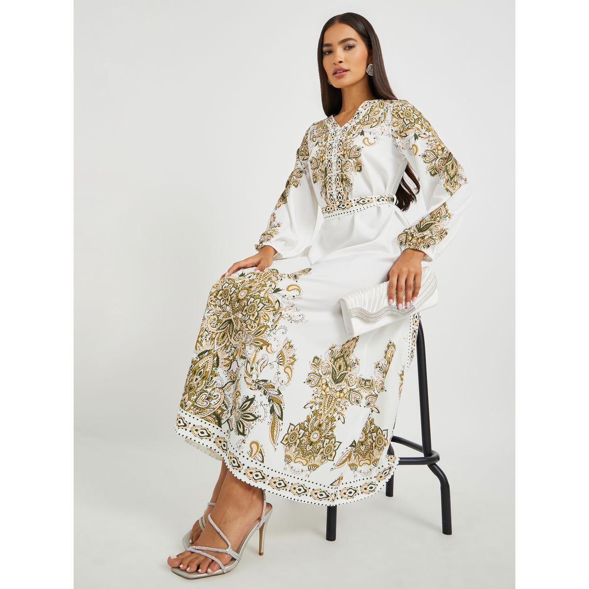 Styli Floral Print V-Neck Balloon Sleeve Belted Maxi Dress-women-clothing-dresses-image-1
