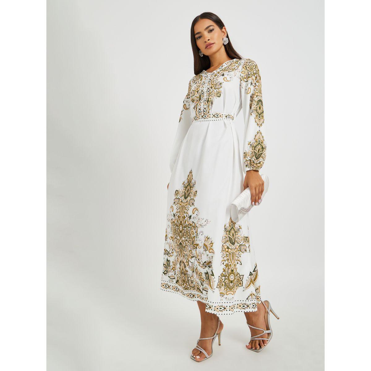 Styli Floral Print V-Neck Balloon Sleeve Belted Maxi Dress-women-clothing-dresses-image-2