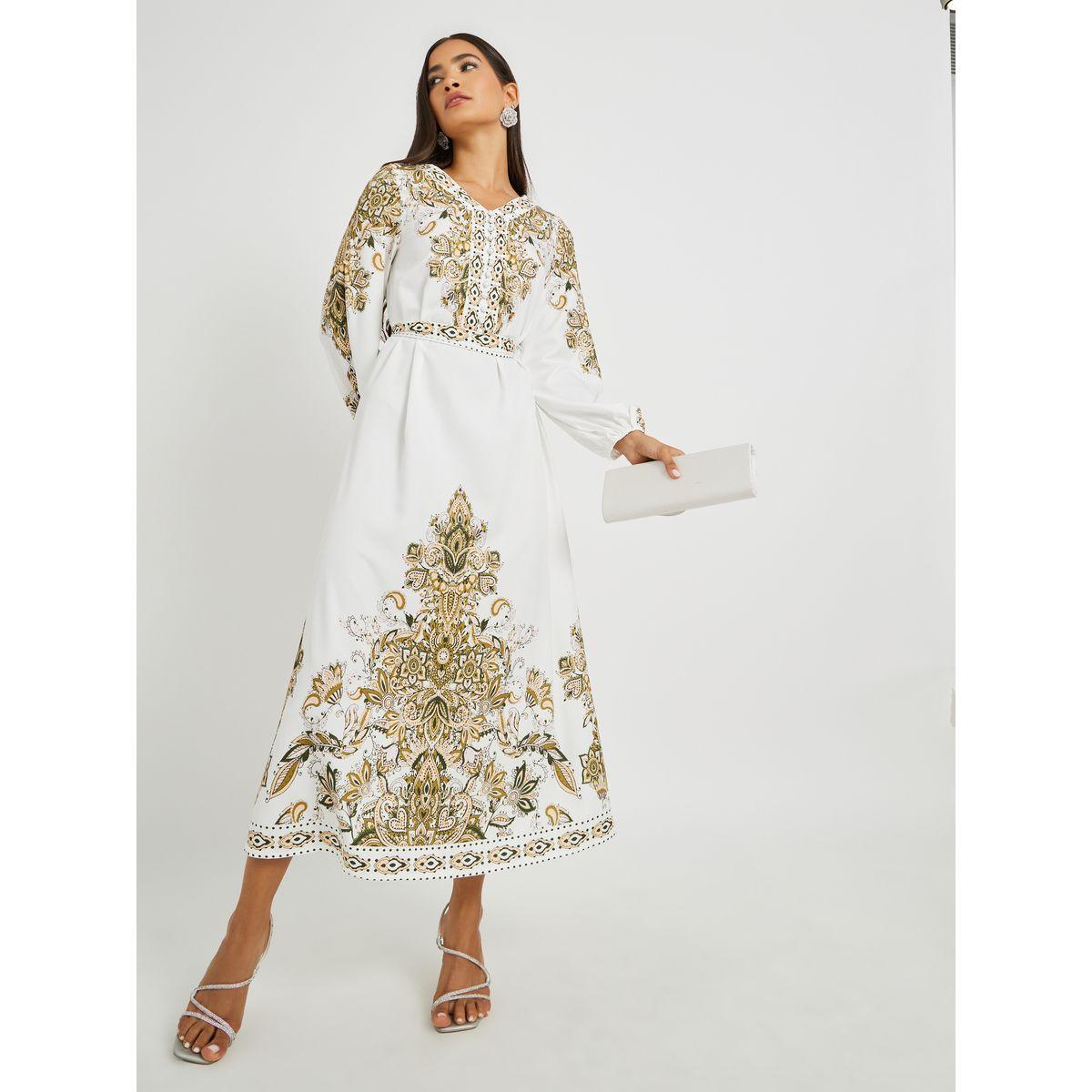 فستان طويل بطبعة زهور وأكمام بالون مع حزام-women-clothing-dresses-image-3