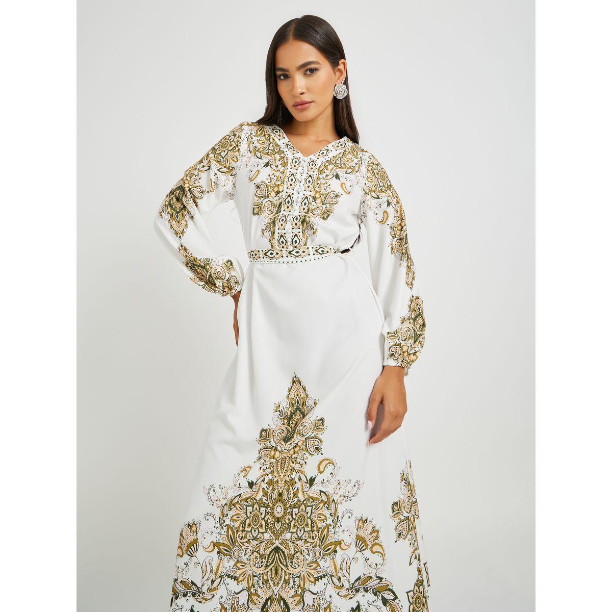 Styli Floral Print V-Neck Balloon Sleeve Belted Maxi Dress-women-clothing-dresses-image-4
