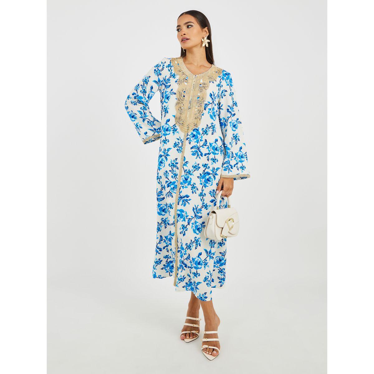 Keenly Embroidered Lace Details Floral Print A-Line Jalabiya-women-arabicclothing-jalabiyas-image-1
