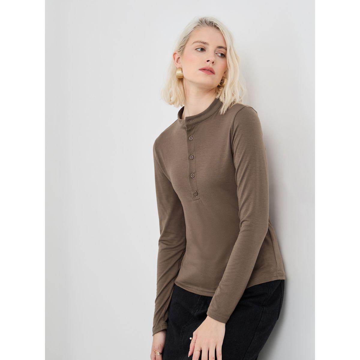 Styli Solid Long Sleeve Knitted Top with Button Detail-women-clothing-shirtsandblouses-blouses-image-1