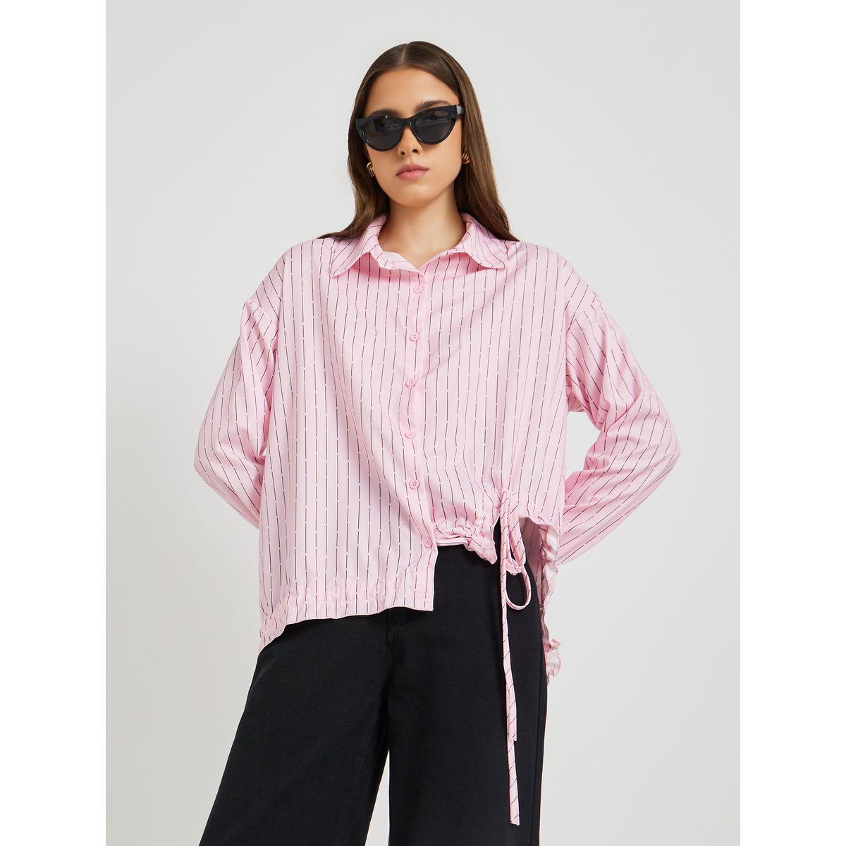 Styli Striped Drawstring Hem Oversized Shirt-women-clothing-shirtsandblouses-shirts-image-1