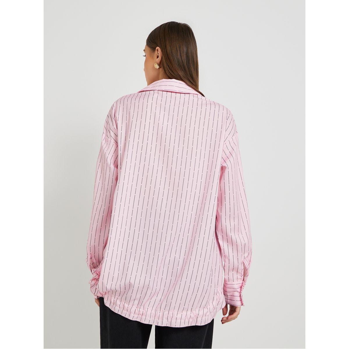 Styli Striped Drawstring Hem Oversized Shirt-women-clothing-shirtsandblouses-shirts-image-4