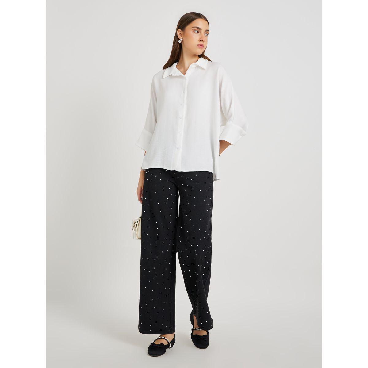 Styli Solid Spread Collar Oversized Shirt-women-clothing-shirtsandblouses-shirts-image-2