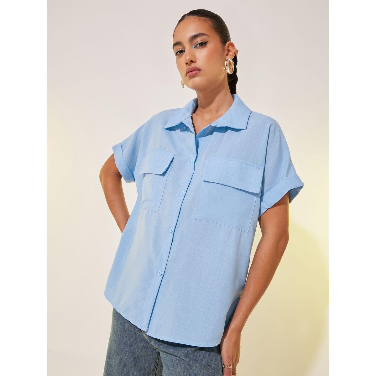 Styli Solid Short Sleeve Spread Collar Shirt-women-clothing-shirtsandblouses-shirts-image-1