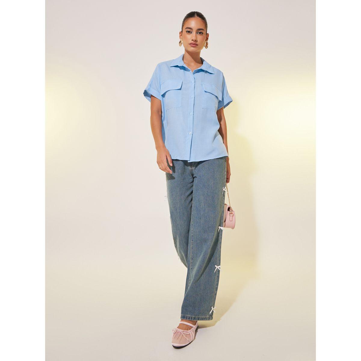 Styli Solid Short Sleeve Spread Collar Shirt-women-clothing-shirtsandblouses-shirts-image-2