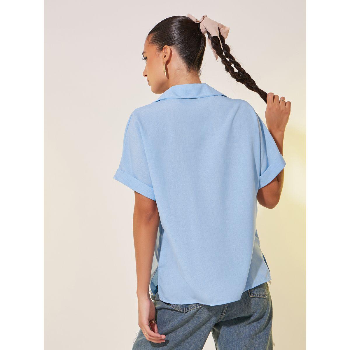Styli Solid Short Sleeve Spread Collar Shirt-women-clothing-shirtsandblouses-shirts-image-4