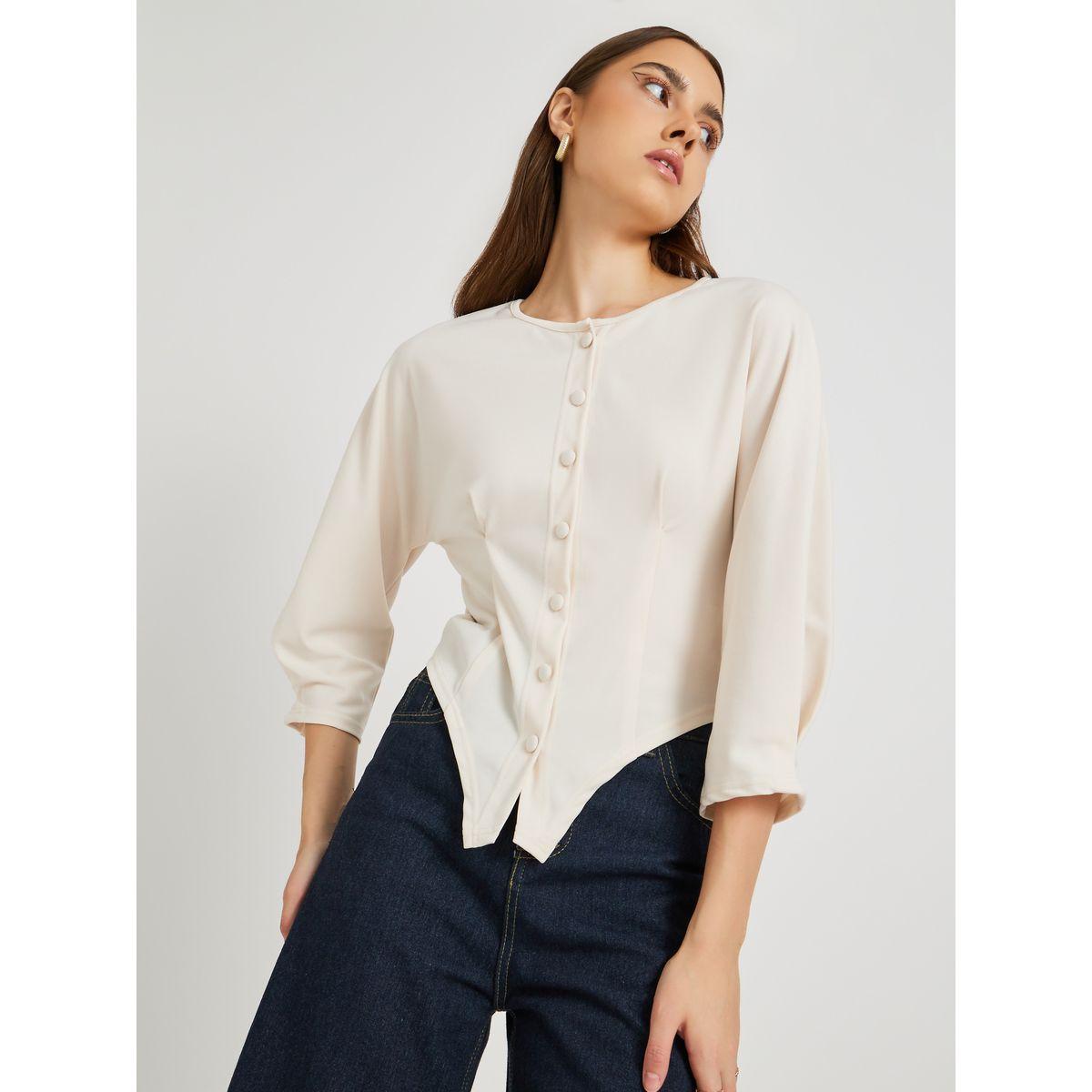 Styli Solid Buttoned Round Neck Blouse-women-clothing-shirtsandblouses-blouses-image-1