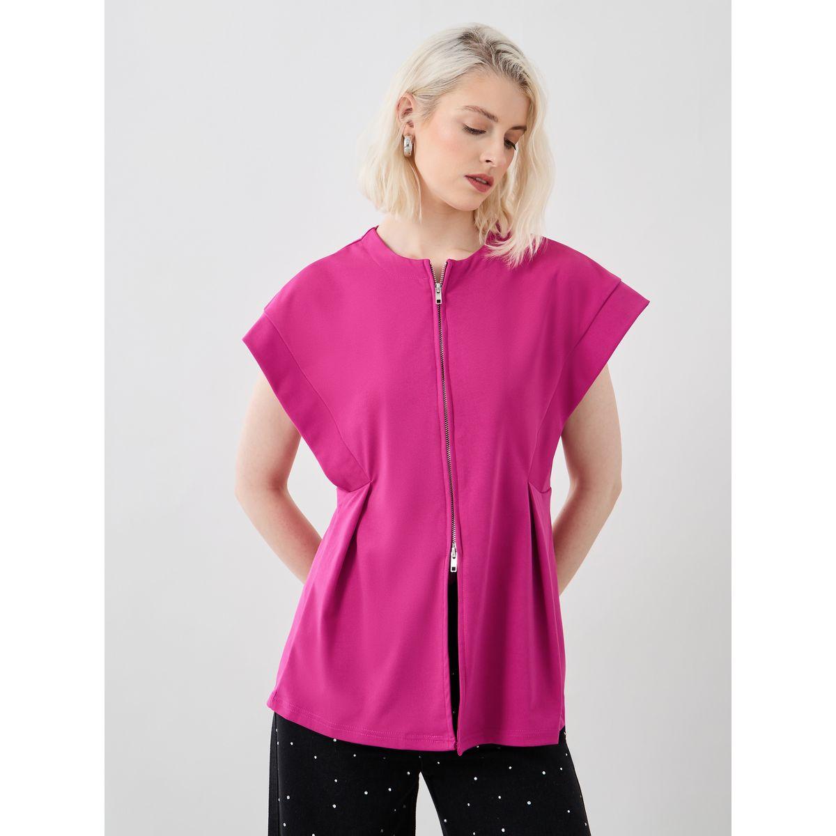 Styli Solid Pleated Longline Blouse with Zipped Detail-women-clothing-shirtsandblouses-blouses-image-1